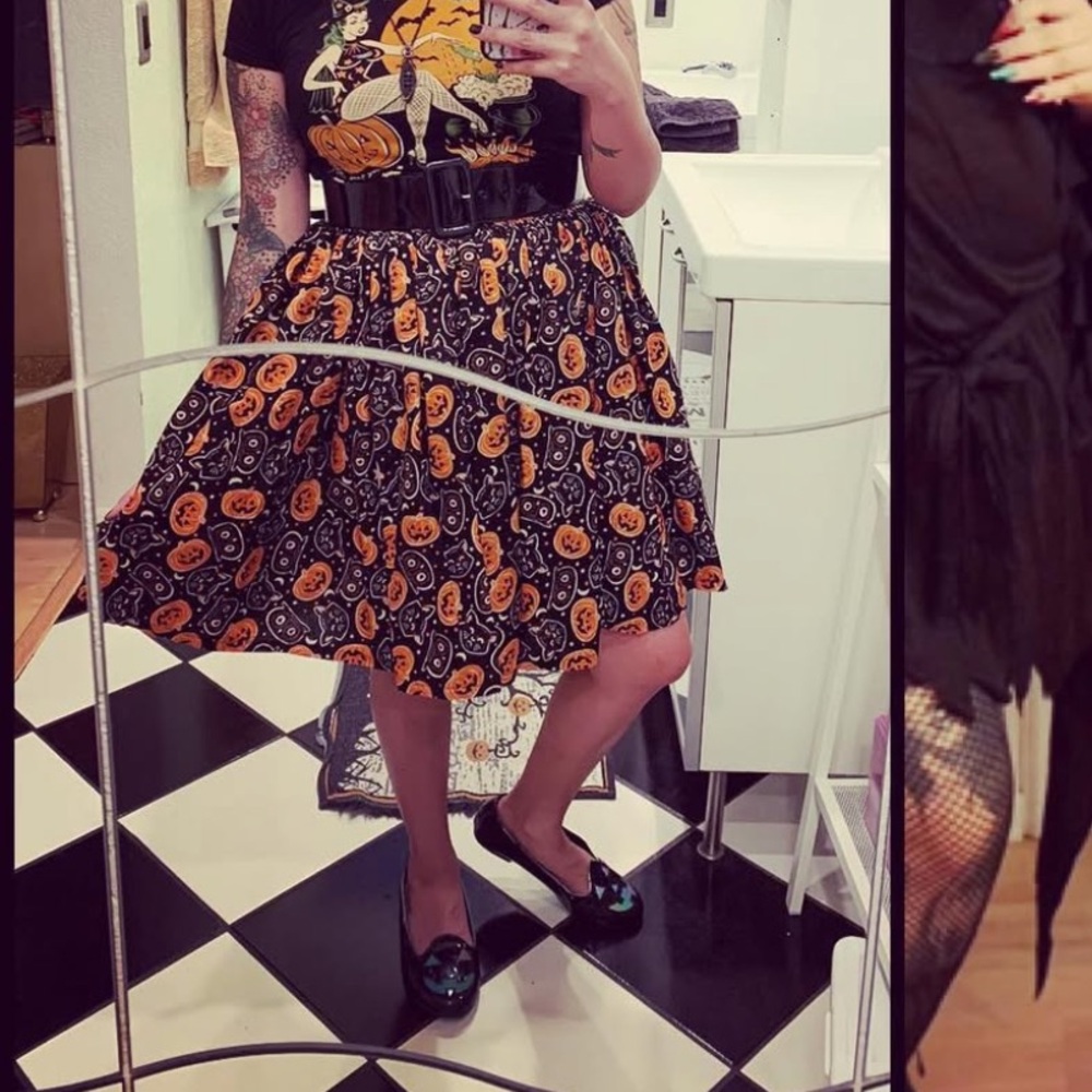 Handmade Halloween Pumpkin Black Cat Moon Owl Print Pinup Circle Skater Skirt